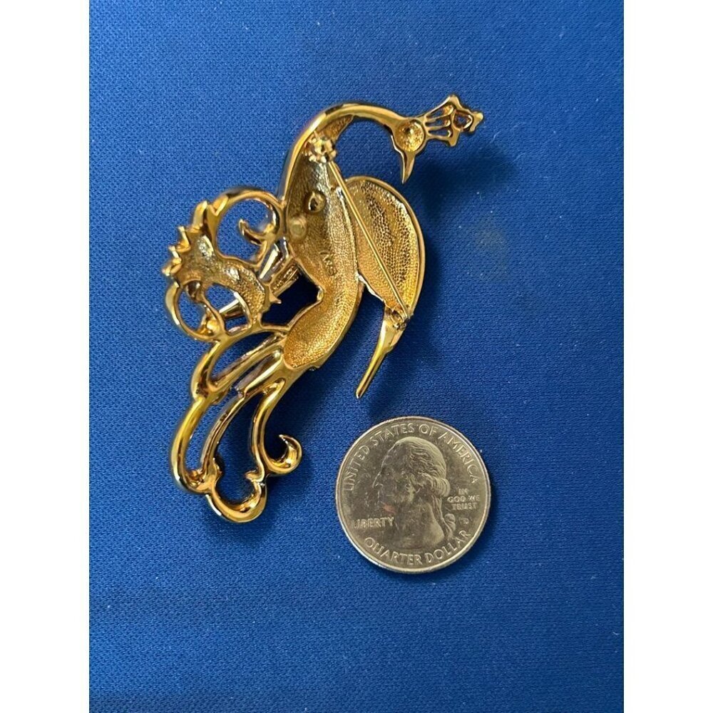 Attwood & Sawyer Peacock Swarovski 22K Gold Plated Enamel Vintage Brooch In Box - Picture 12 of 12